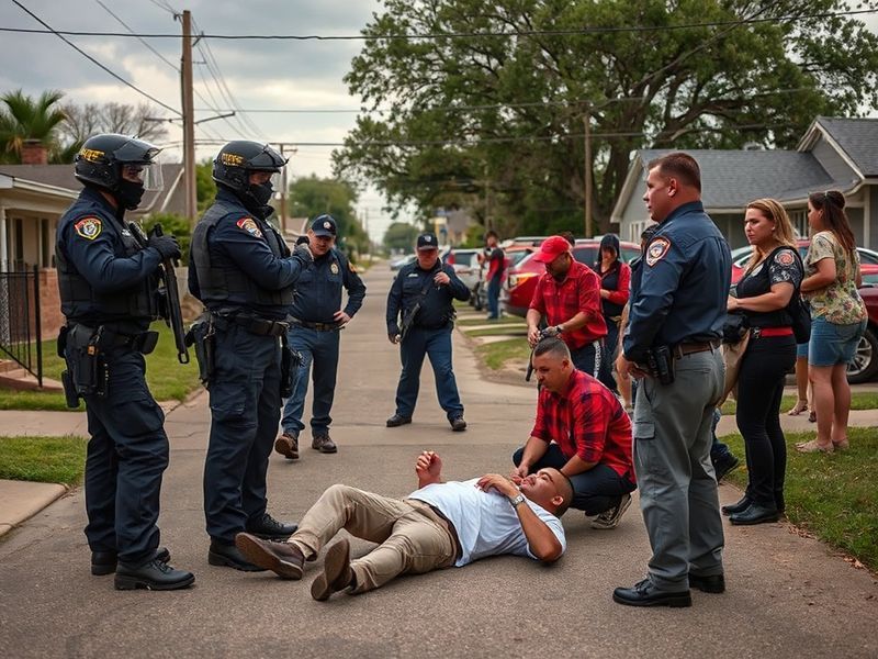 Aerial view of Austin’s downtown district at dusk, with police tape cordoning off a crime scene near Republic Square. The sce