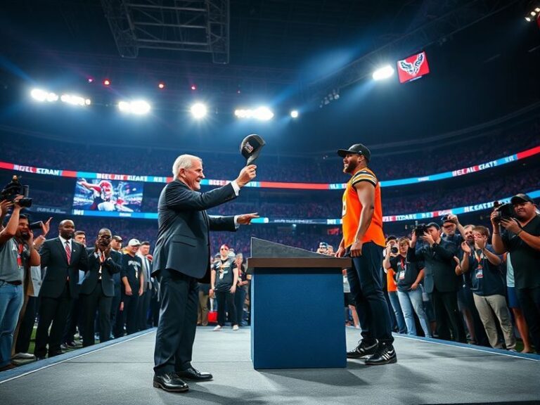 A dynamic scene of an NFL draft war room with coaches, scouts, and analysts reviewing player tapes on large screens. The room