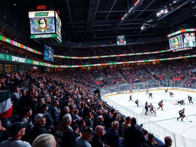 A bright hockey rink at night with the Anaheim Ducks and Vegas Golden Knights logos glowing on the ice. Players in motion blu