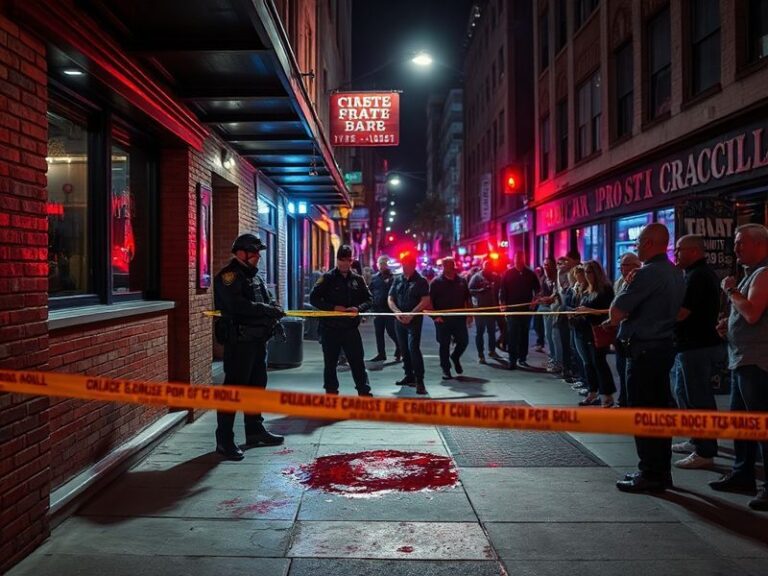 A somber scene of a downtown Austin street cordoned off by police tape at night, with emergency lights flashing in the backgr