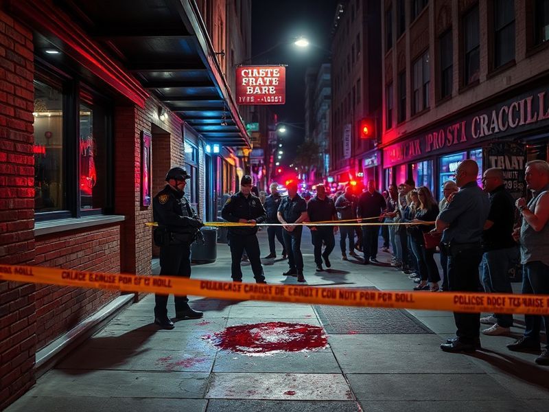A somber scene of a downtown Austin street cordoned off by police tape at night, with emergency lights flashing in the backgr