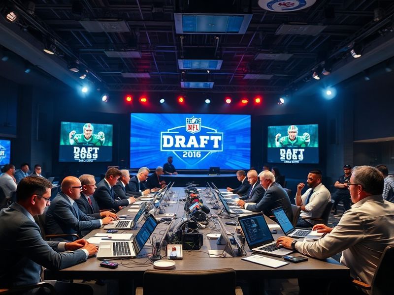 A split-screen image showing a team war room during the draft (left) with coaches and executives analyzing charts) and a play