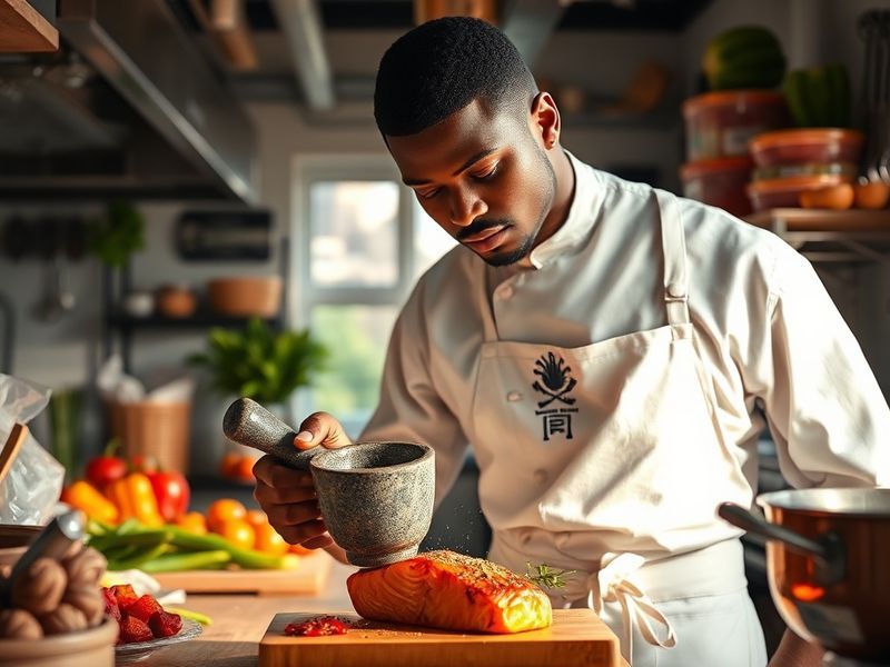 A split-image composition: on the left, Fabio Jackson in a dimly lit studio surrounded by film equipment and notebooks; on th