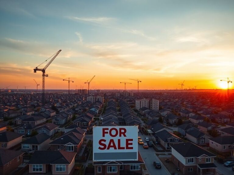 Aerial view of a dense urban skyline with towering skyscrapers and luxury condominiums, juxtaposed with a smaller, older neig