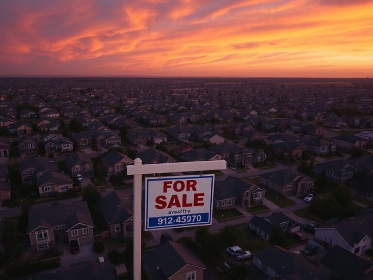 A split-image visual: on one side, a dense urban skyline with high-rise buildings and rising prices; on the other, a modest s