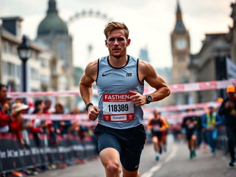 Aaron Ramsey crossing the London Marathon finish line in athletic gear, surrounded by cheering spectators and event staff. Th
