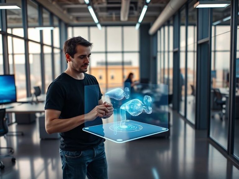 A dynamic portrait of Ben Pasternak, a young entrepreneur with a laptop in a modern office setting, surrounded by digital scr