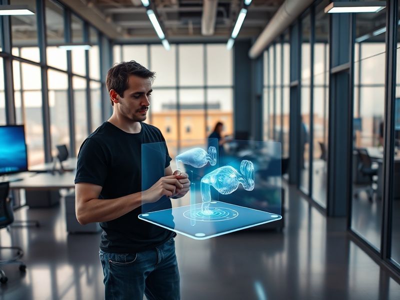A dynamic portrait of Ben Pasternak, a young entrepreneur with a laptop in a modern office setting, surrounded by digital scr