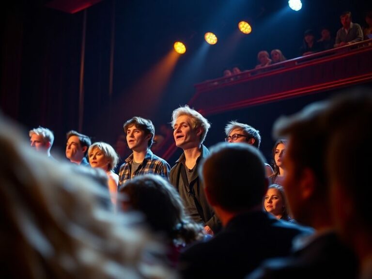 A moody theater scene from the Lost Boys Broadway revival, featuring distorted mirrors, dark lighting, and actors in eerie co