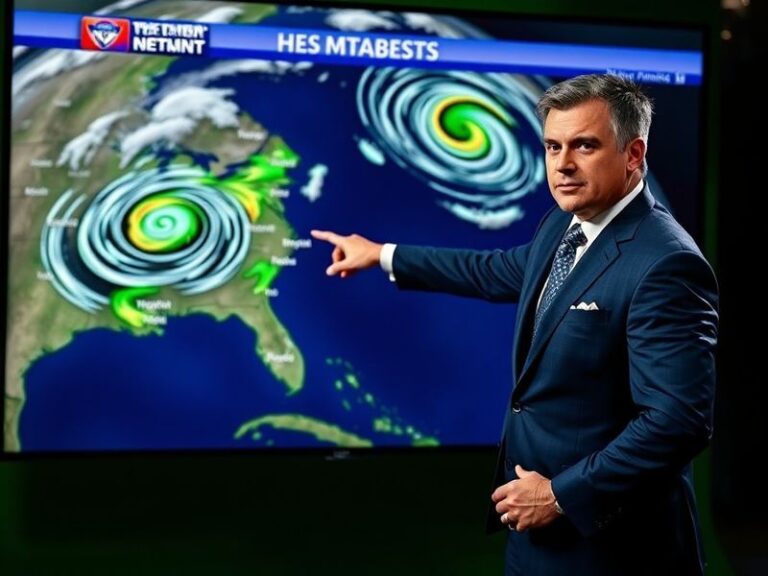 A split-image illustration showing a chaotic storm over a city skyline on one side and a clear blue sky on the other, symboli