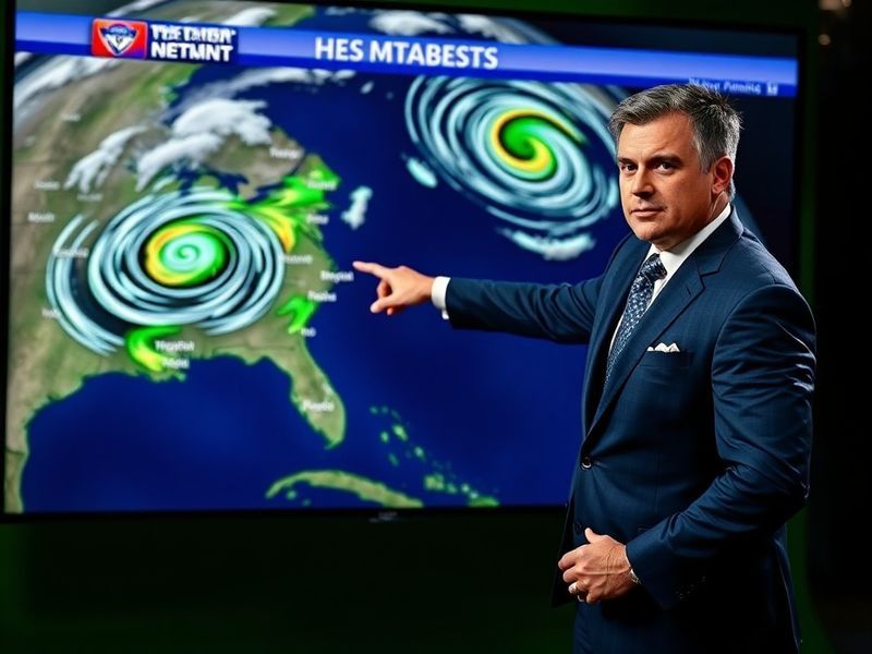 A split-image illustration showing a chaotic storm over a city skyline on one side and a clear blue sky on the other, symboli