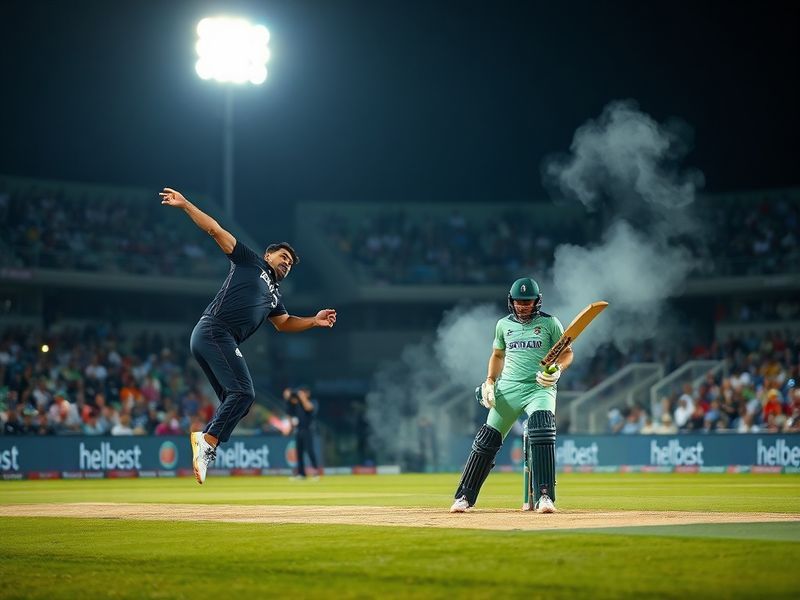 A brightly lit cricket stadium filled with spectators, featuring players from both teams in action. The focus is on a batsman