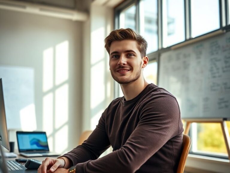 A split-screen image: on the left, a teenage Ben Pasternak coding in a bedroom with posters of tech icons; on the right, a mo