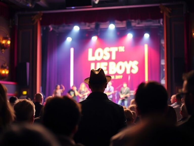 A dimly lit stage with neon signs and fog, featuring actors in vampire makeup mid-performance, capturing the dark, rebellious