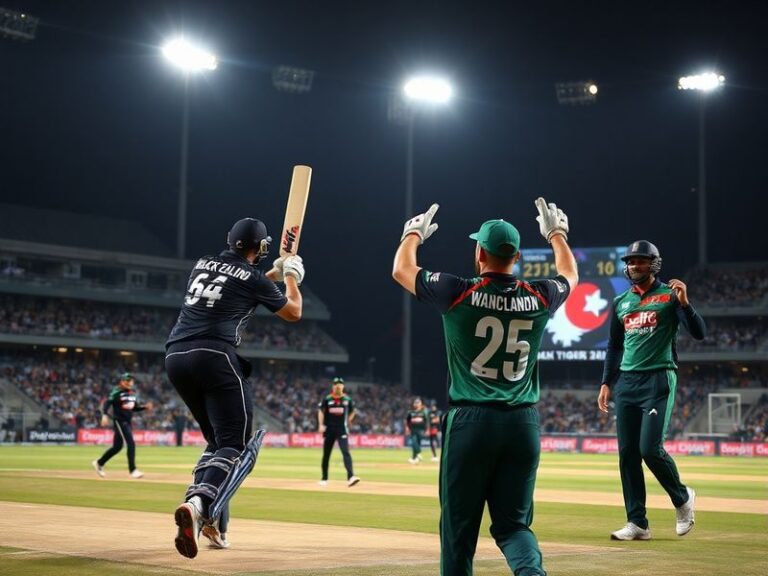 A packed stadium under lights with New Zealand players celebrating a wicket, Bangladesh batters walking off, scoreboard showi