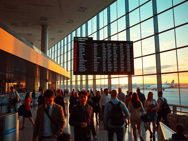 A bustling airport terminal with passengers from diverse backgrounds, sleek modern aircraft visible through large windows, di