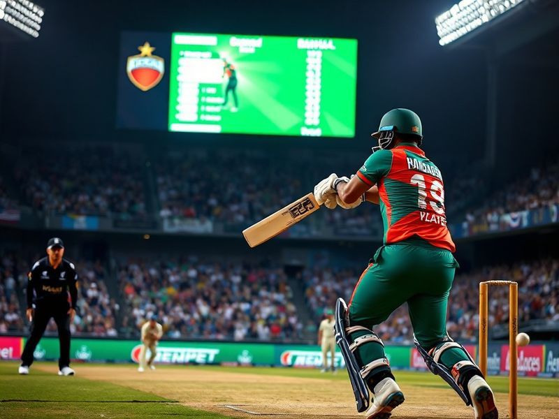 A vibrant cricket stadium packed with fans, featuring New Zealand players celebrating a wicket with Bangladesh batters in the