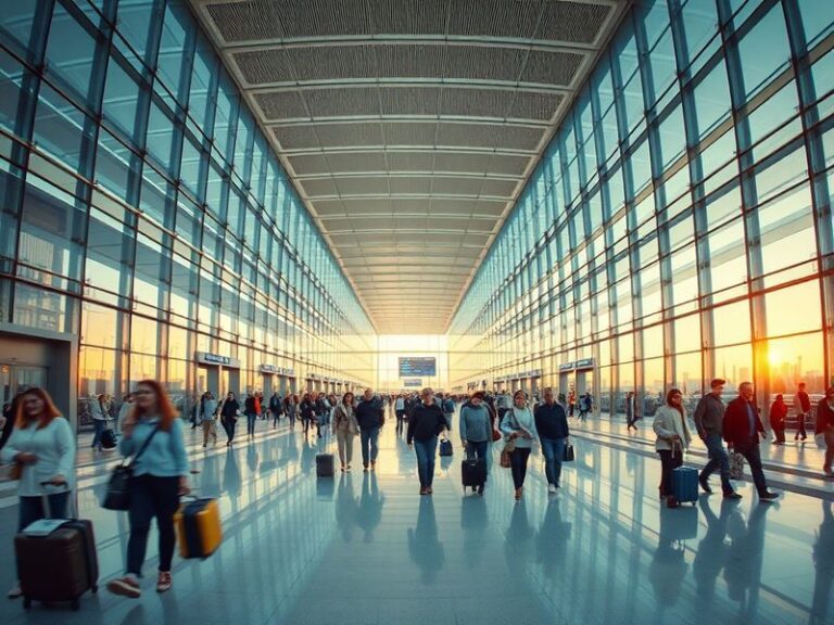 A modern airport terminal with a large commercial jet taking off during golden hour, passengers boarding in the foreground, a
