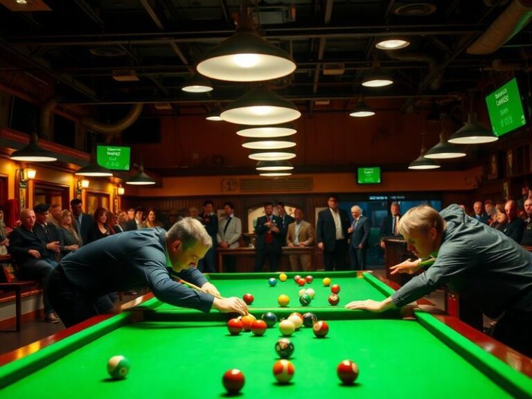 A vibrant snooker hall with players in action, featuring a green baize table under bright studio lights. The atmosphere is in
