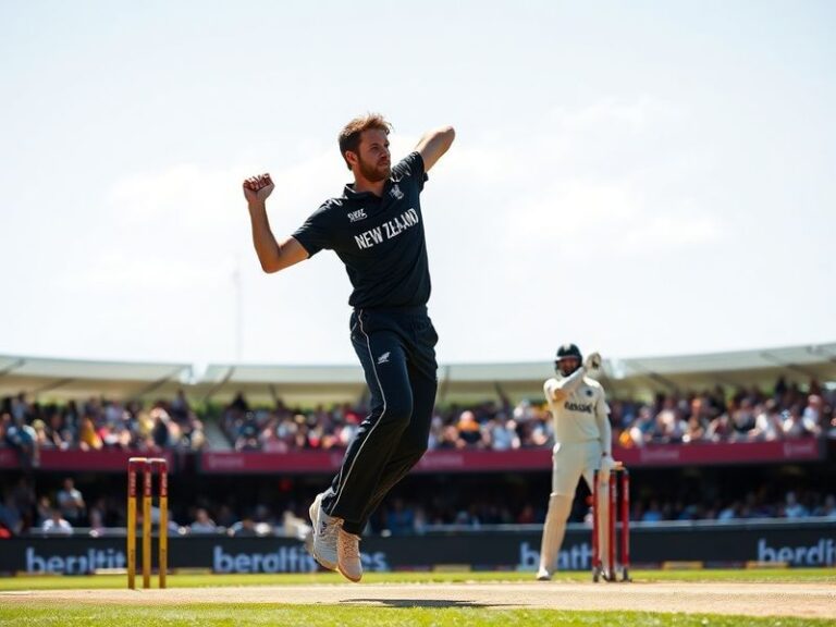 A vibrant cricket stadium scene during a New Zealand vs Bangladesh Test match, showing players in action with the New Zealand