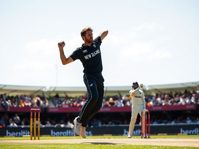 A vibrant cricket stadium scene during a New Zealand vs Bangladesh Test match, showing players in action with the New Zealand