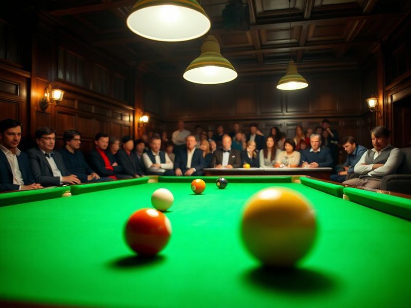 A vibrant snooker hall with players in mid-action, cue sticks in motion, a packed audience, and vibrant lighting highlighting