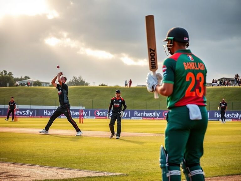 A dramatic moment from the New Zealand vs Bangladesh Test match in Wellington, featuring Bangladesh's Taskin Ahmed celebratin