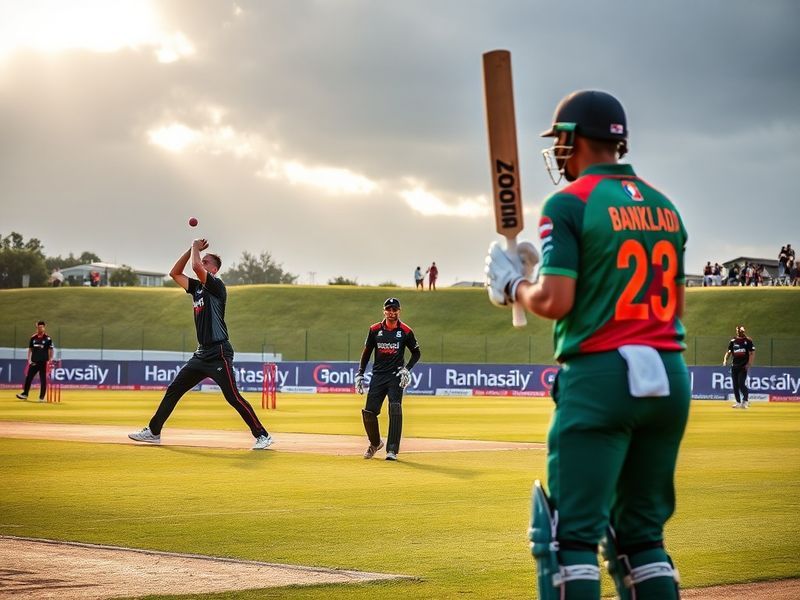 A dramatic moment from the New Zealand vs Bangladesh Test match in Wellington, featuring Bangladesh's Taskin Ahmed celebratin