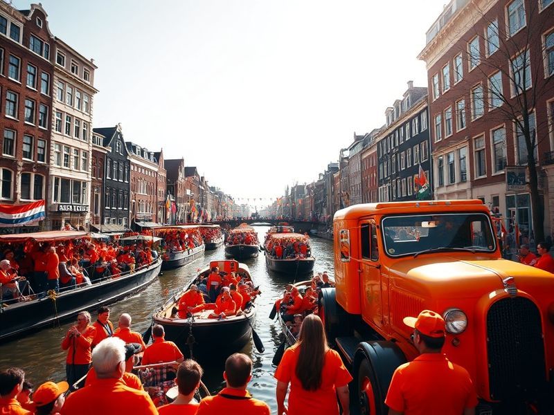 A vibrant scene of Amsterdam’s canals during King’s Day, filled with orange-clad crowds, street vendors, and houseboats. The
