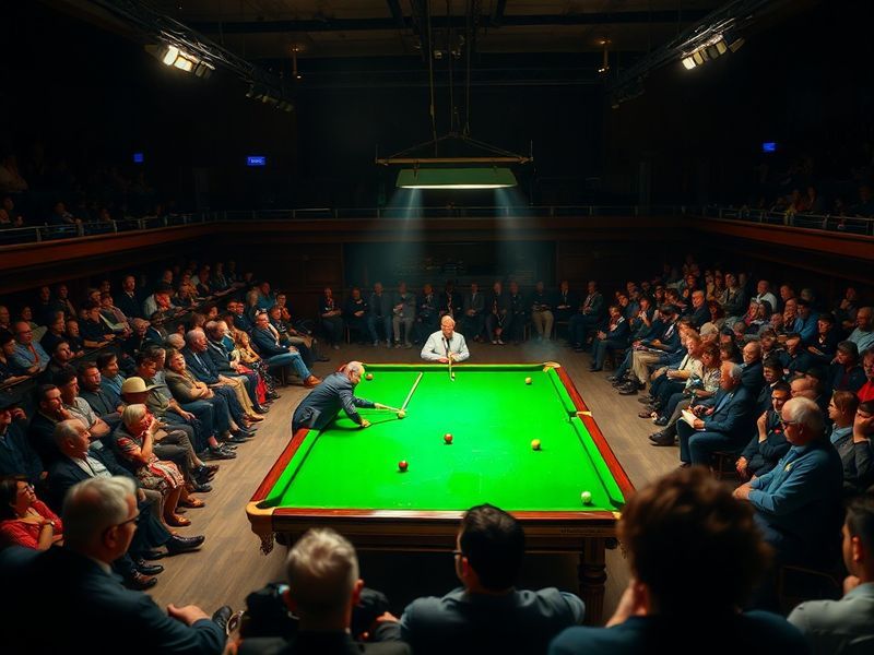 A snooker table with two players in mid-action, cue sticks in motion, surrounded by a packed arena with bright overhead light