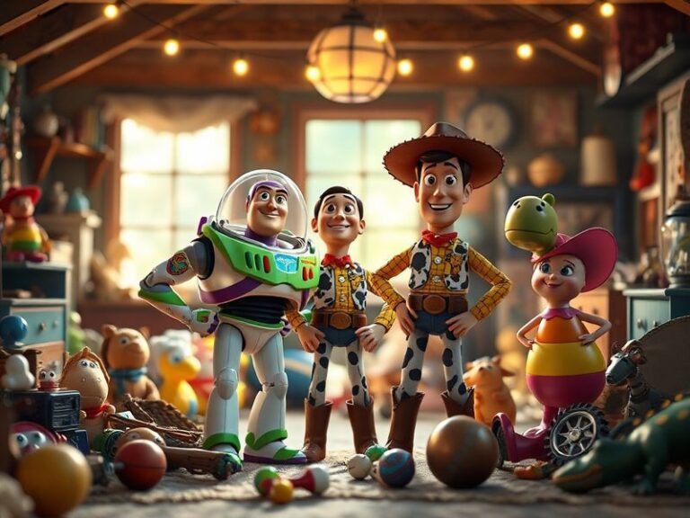 A vibrant animated scene featuring Woody, Buzz Lightyear, Bo Peep, and other classic Toy Story characters gathered around a g