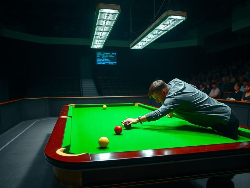A quiet, atmospheric shot of a snooker table mid-match at the Crucible Theatre, with low lighting, chalk dust in the air, and