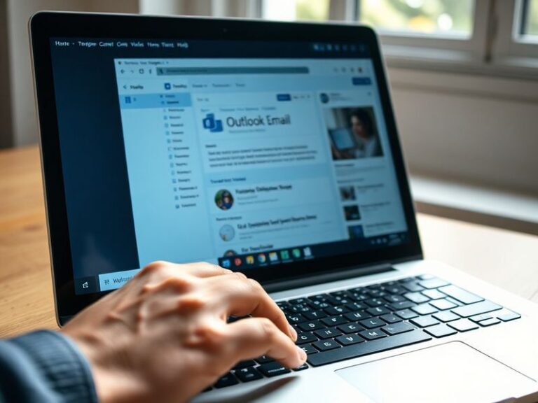A split-screen image showing Outlook’s desktop interface on one side and its web version on the other, with a professional wo