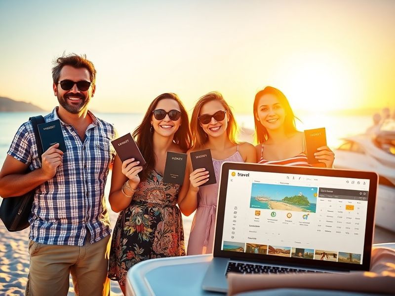 Aerial view of a crowded Mediterranean beach with colorful umbrellas, turquoise water, and a small boat in the distance. Warm