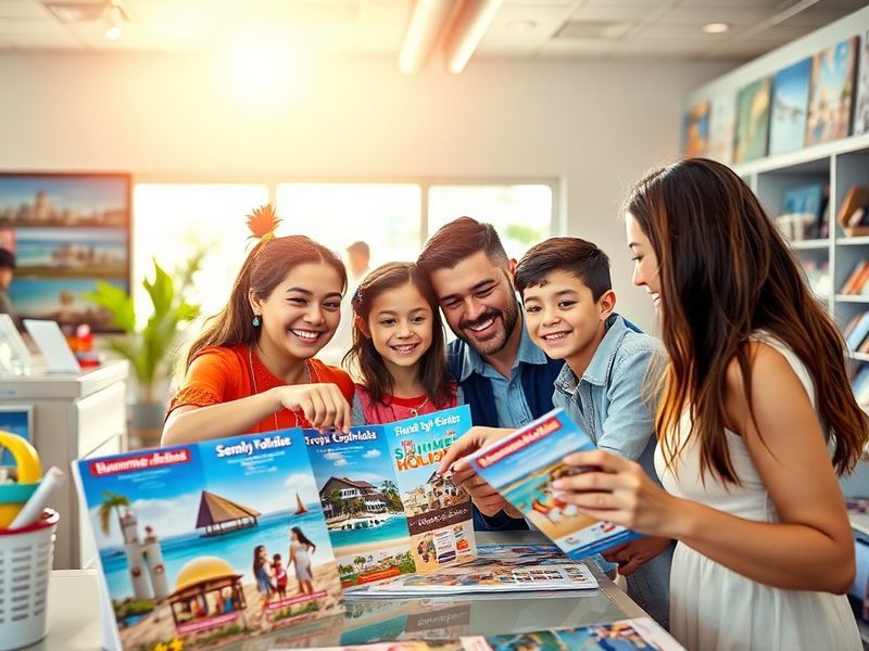 A cheerful traveler using a laptop at a sunny outdoor café, surrounded by travel guides and a map, with tropical palm trees i