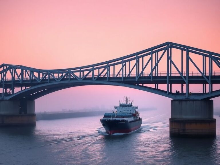 A wide-angle shot of the Orwell Bridge at sunset, showing its long concrete spans over the dark waters of the River Orwell, w