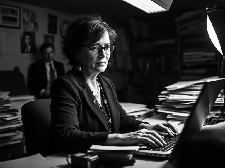 A professional portrait of Jodi Kantor in a newsroom setting, surrounded by stacks of documents and a laptop displaying a hea