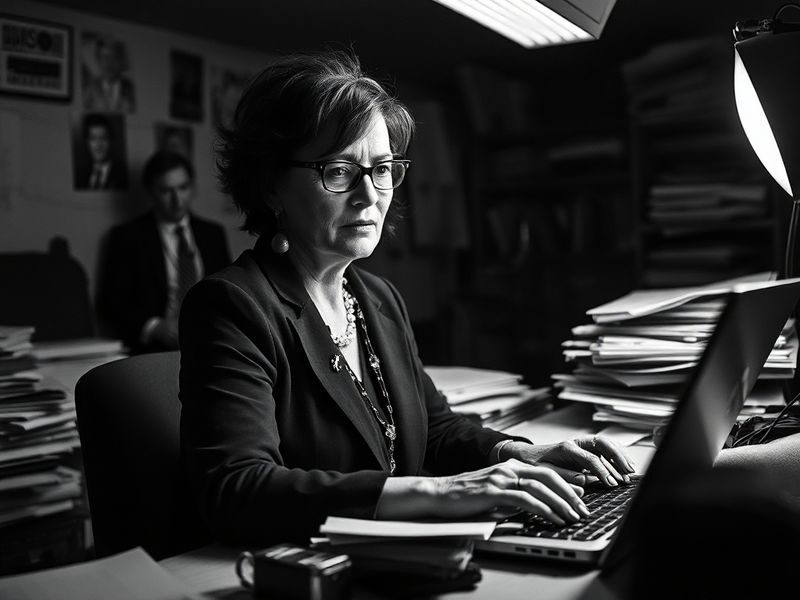 A professional portrait of Jodi Kantor in a newsroom setting, surrounded by stacks of documents and a laptop displaying a hea