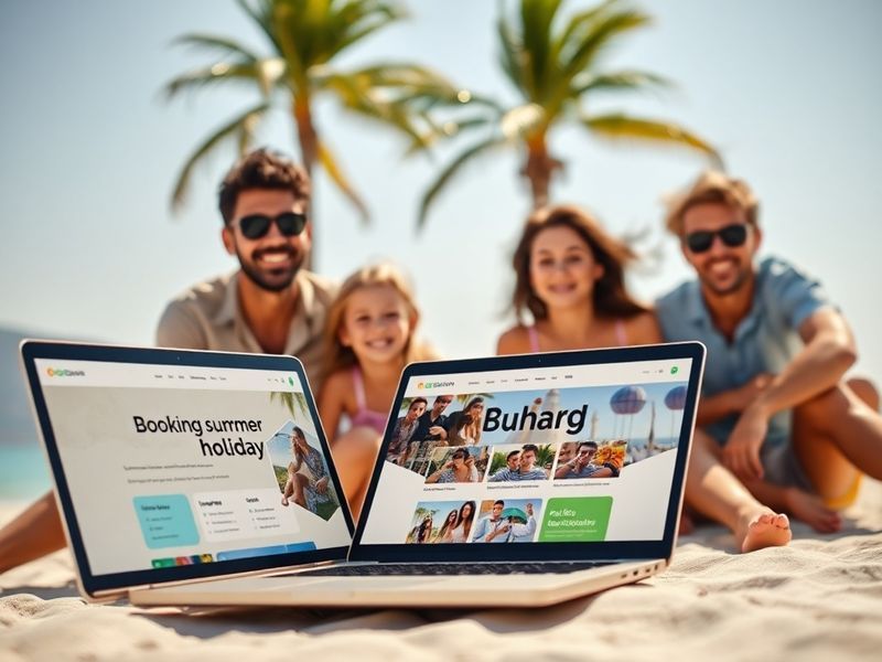A relaxed couple sitting at a wooden table with a laptop, passport, and summer travel accessories like sunglasses and a map,