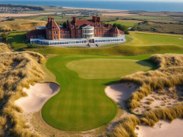 Aerial view of Royal Lytham & St Annes Golf Club during The Open Championship, showing the iconic dune landscape, bunkering,