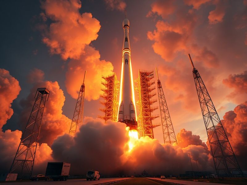 A dramatic nighttime launch of the SpaceX Falcon Heavy rocket, with three boosters igniting, smoke billowing, and the central