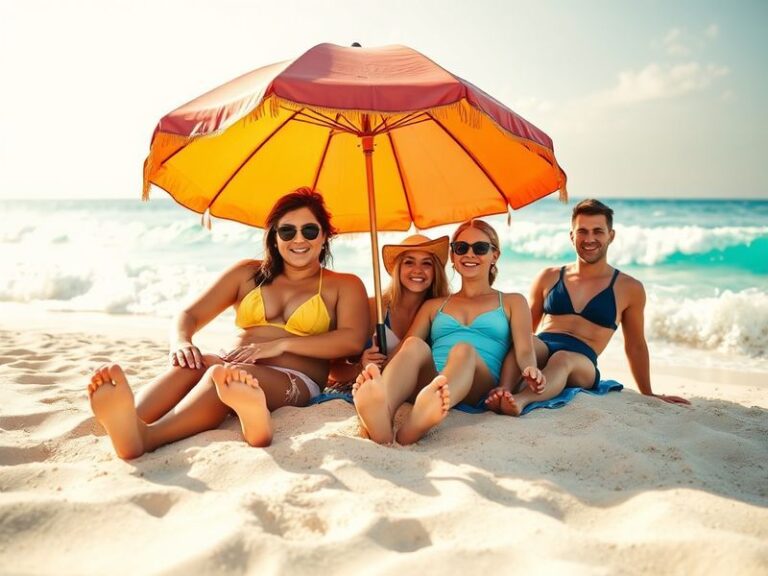 A family sitting at a wooden table with a laptop, booking a summer holiday. The scene includes a sunny window, travel brochur