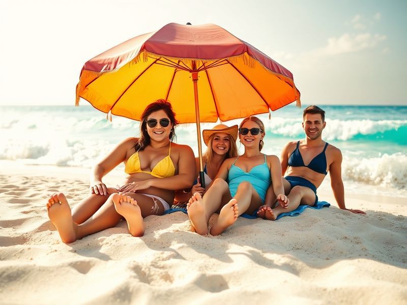 A family sitting at a wooden table with a laptop, booking a summer holiday. The scene includes a sunny window, travel brochur