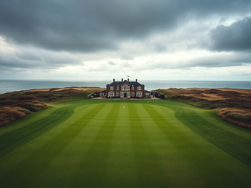 A panoramic view of Royal Lytham & St Annes golf course during The Open Championship, showing lush fairways, deep bunkers, an