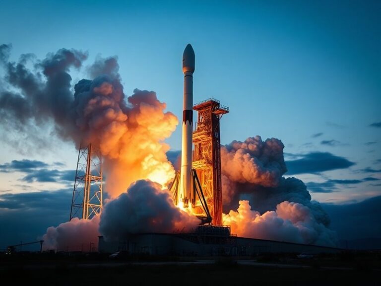 A dramatic image of the Falcon Heavy rocket lifting off from Kennedy Space Center, with visible exhaust plumes and the launch