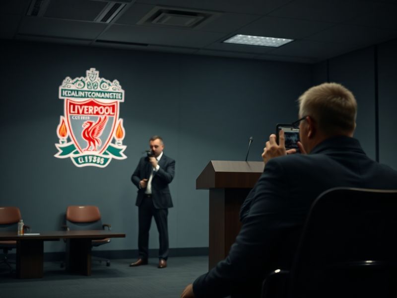 A tense press conference room at Liverpool FC with club officials speaking to media, displaying somber expressions. The Liver