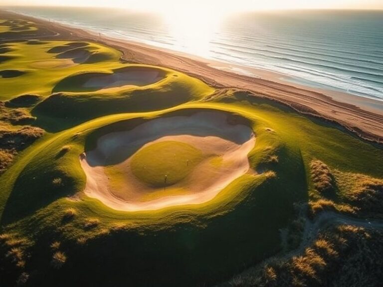 Aerial view of Royal Lytham & St Annes Golf Club, showcasing its undulating fairways, deep bunkers, and the Irish Sea in the