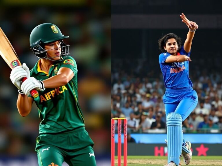 A vibrant cricket stadium during a day-night ODI match between South Africa Women and India Women. Players in green and gold