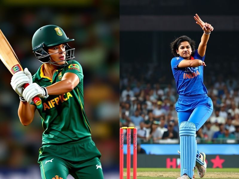 A vibrant cricket stadium during a day-night ODI match between South Africa Women and India Women. Players in green and gold