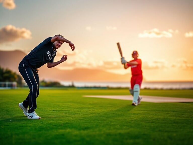 A vibrant cricket stadium with New Zealand and Bangladesh players shaking hands, surrounded by fans from both countries holdi